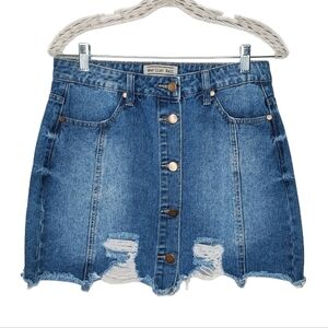 American Bazi Women's Jean Mini Skirt, Distressed, Medium Blue Wash Sz M